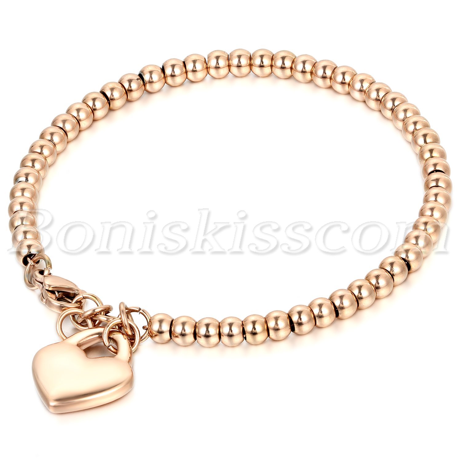 Women Exquisite Polish Stainless Steel Heart Charms Pendant Beads Chain Bracelet