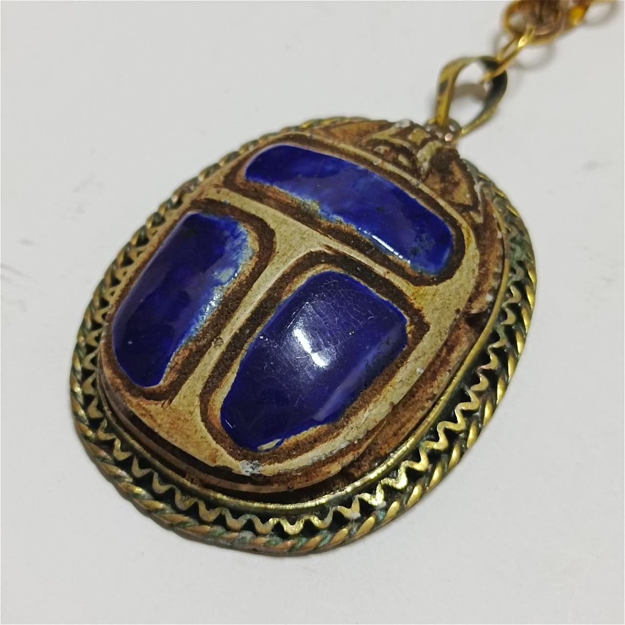 Vintage copper necklace with blue scarab pendant, ancient Egyptian style unique