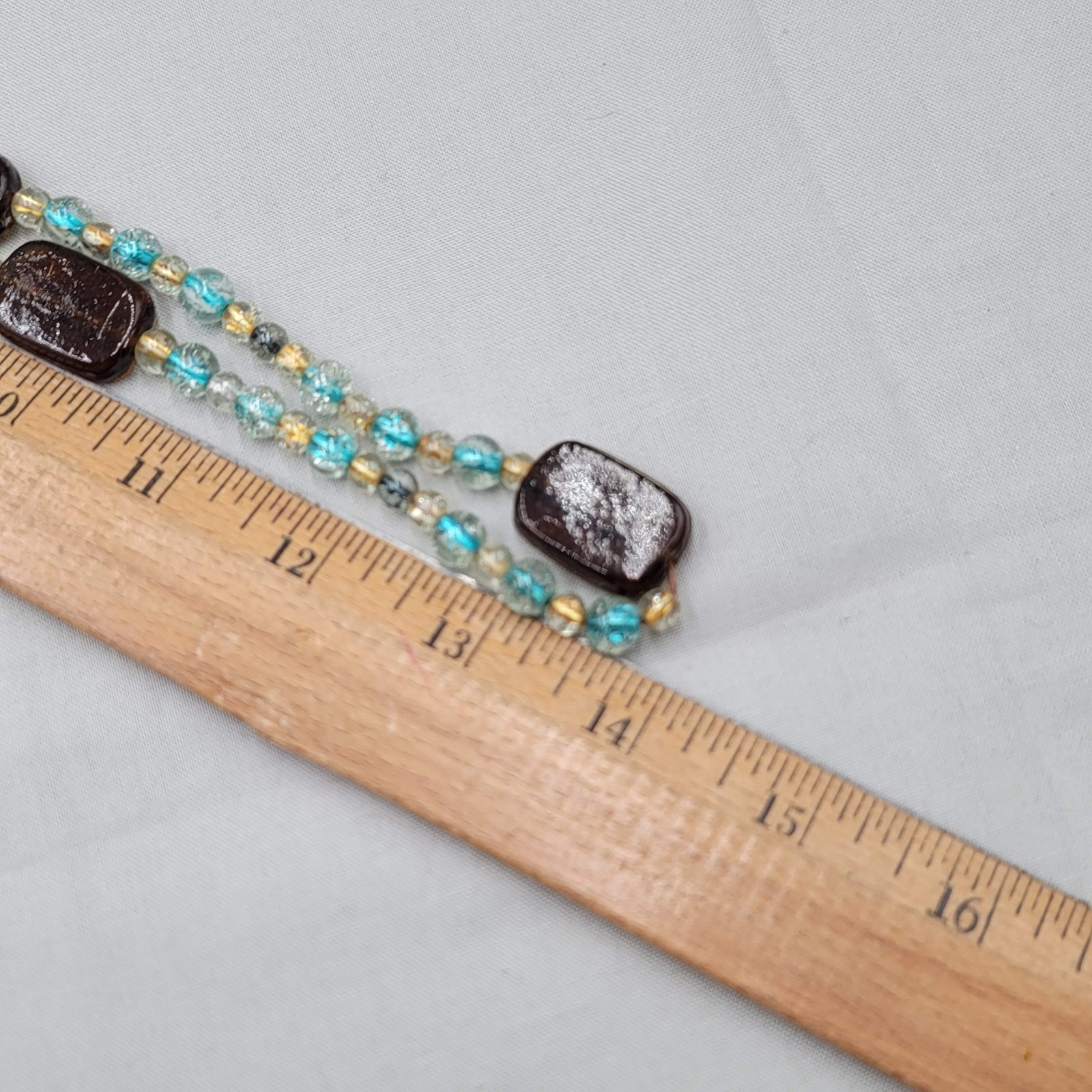 Artisan Brown Yellow Blue Glass Bead Necklace 28 in