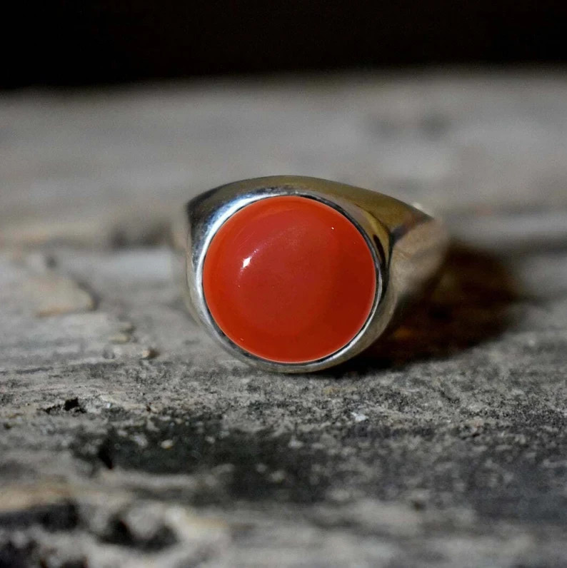 Solid 925 Sterling Silver Natural Red Carnelian Round Gemstone Men’s Unisex Ring