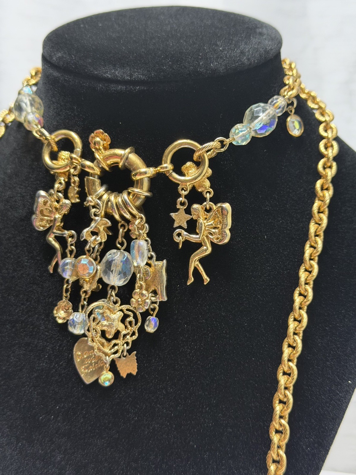 Vintage Kirks Folly Charm Necklace Dance w/Fairies AB Crystals & Charms Signed