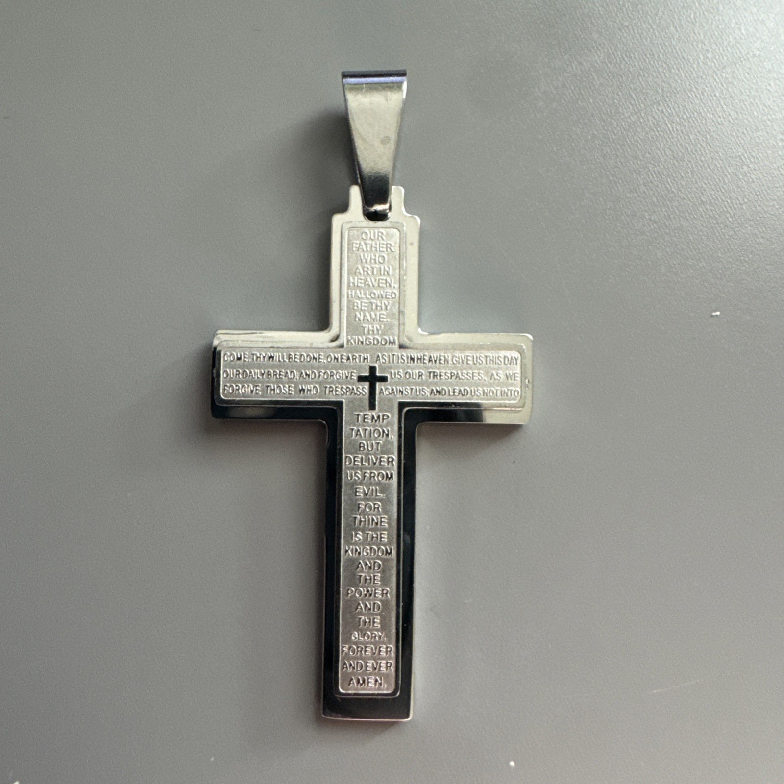 Cross Pendant Scripture Stainless Steel Silver Tone 24” Chain Faith Jesus Gift