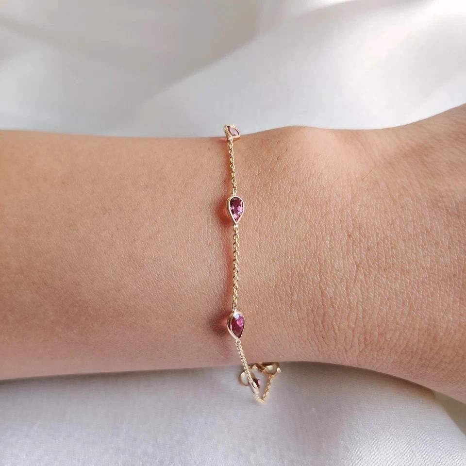 5Ct Pear cut Lab-Created Tourmaline Women Chain Bracelet 14K Yellow Gold Plated