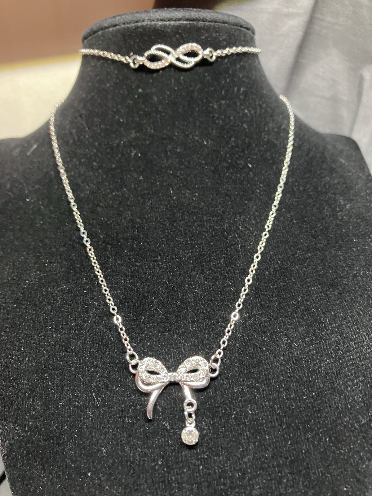 Womens stainless steel cz double bow necklace with infinity cz anklet/bracelet