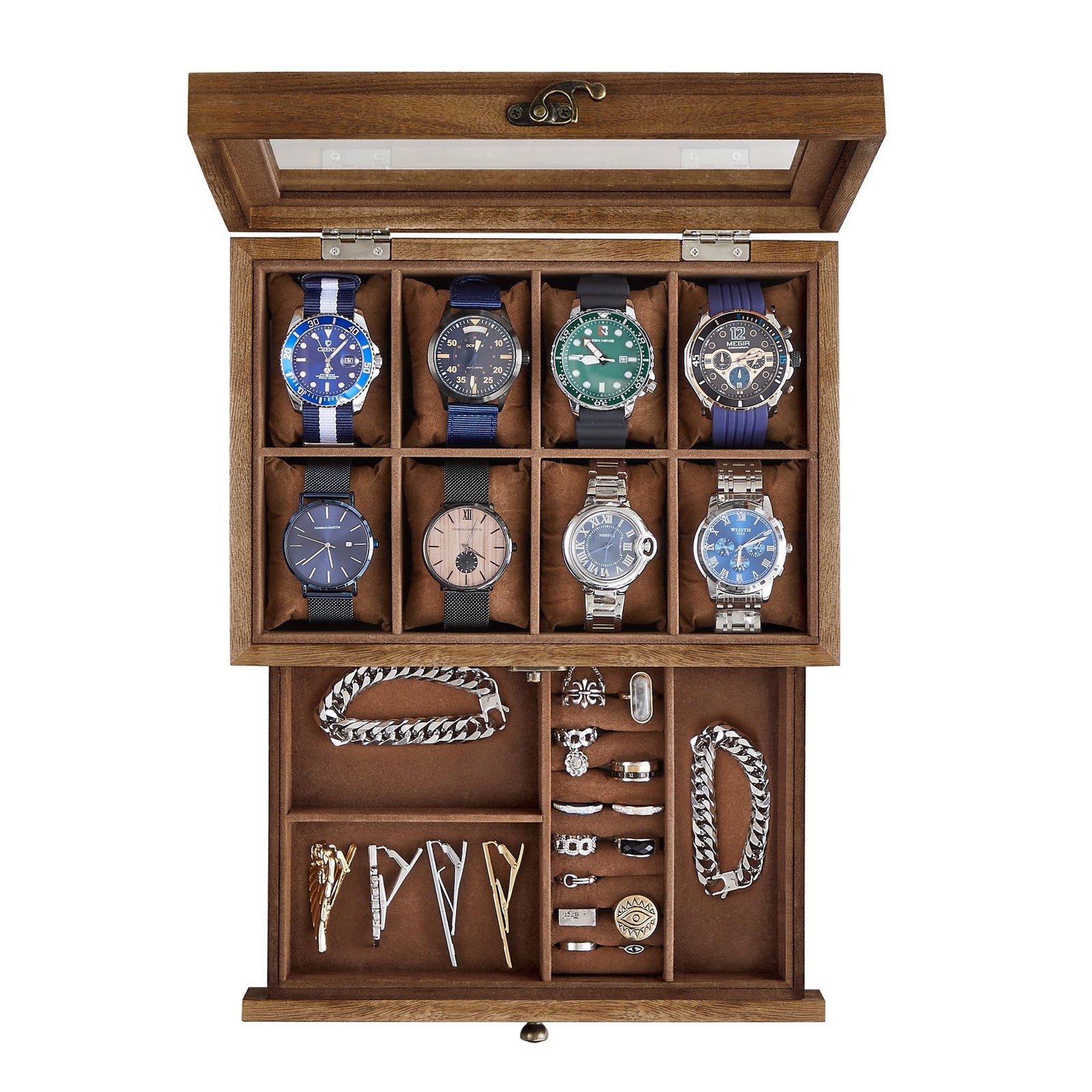 SONGMICS 8-Slot Watch Box, 2-Tier Watch Display Case with Large Glass Lid, Re…