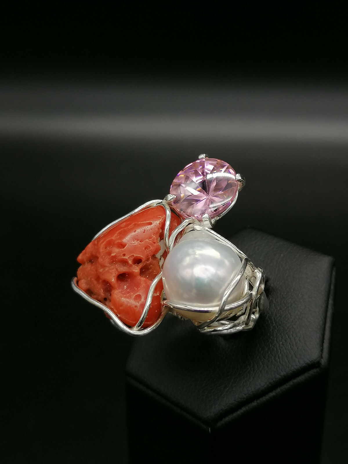 anello donna vero corallo rosso perla bianca swarovski rosa in argento bianco