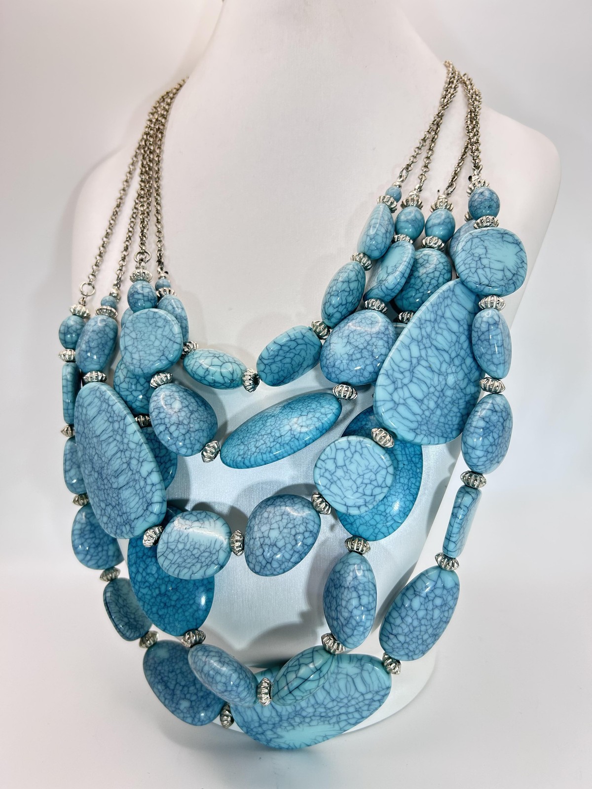 Necklace Blue Turquoise Stone Chunky Beaded Layered Bib Statement Boho Chain