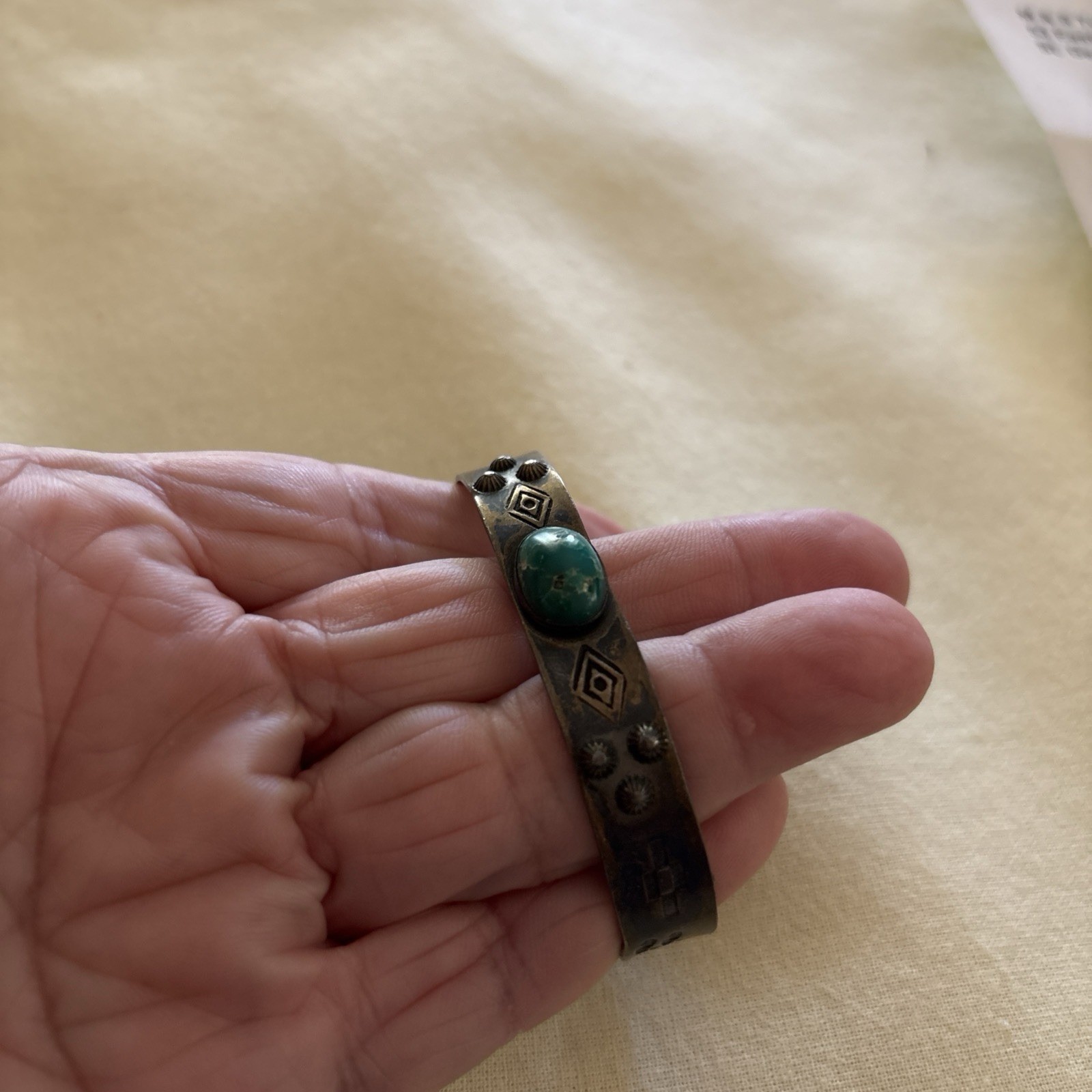 Fred Harvey Era cuff-stamped Sterling with Green Turquoise Stone
