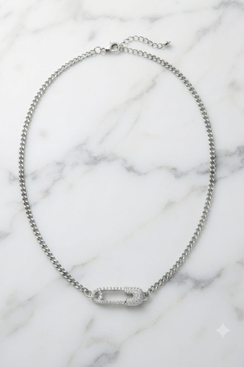 Sparkly Safety Pin Charm Bracelet Silver Curb Link Chain Layering Cuff Jewelry