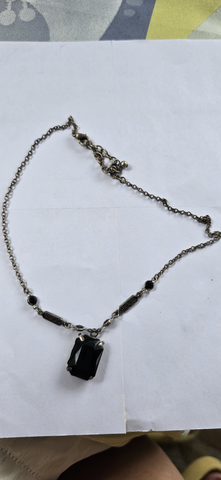 Silver Tone Black Rectangle Pendant Charm Cable Chain Necklace Prong Set