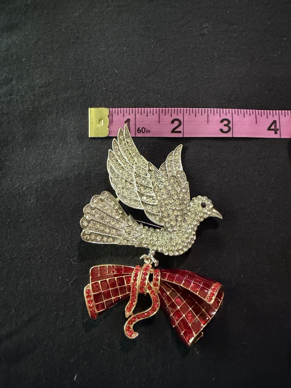 Silver Tone Clear Rhinestone Bird Brooch Pin w Red Enamel Bow 3.25in