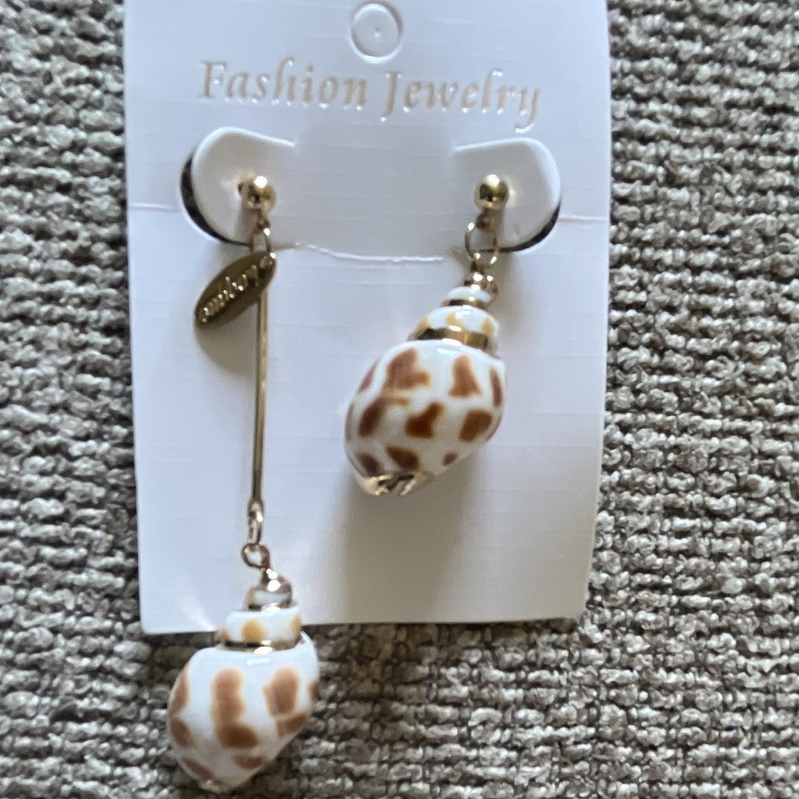 Gold White & Brown Natural Shell Dangle/Drop Earrings Butterfly Back Beach