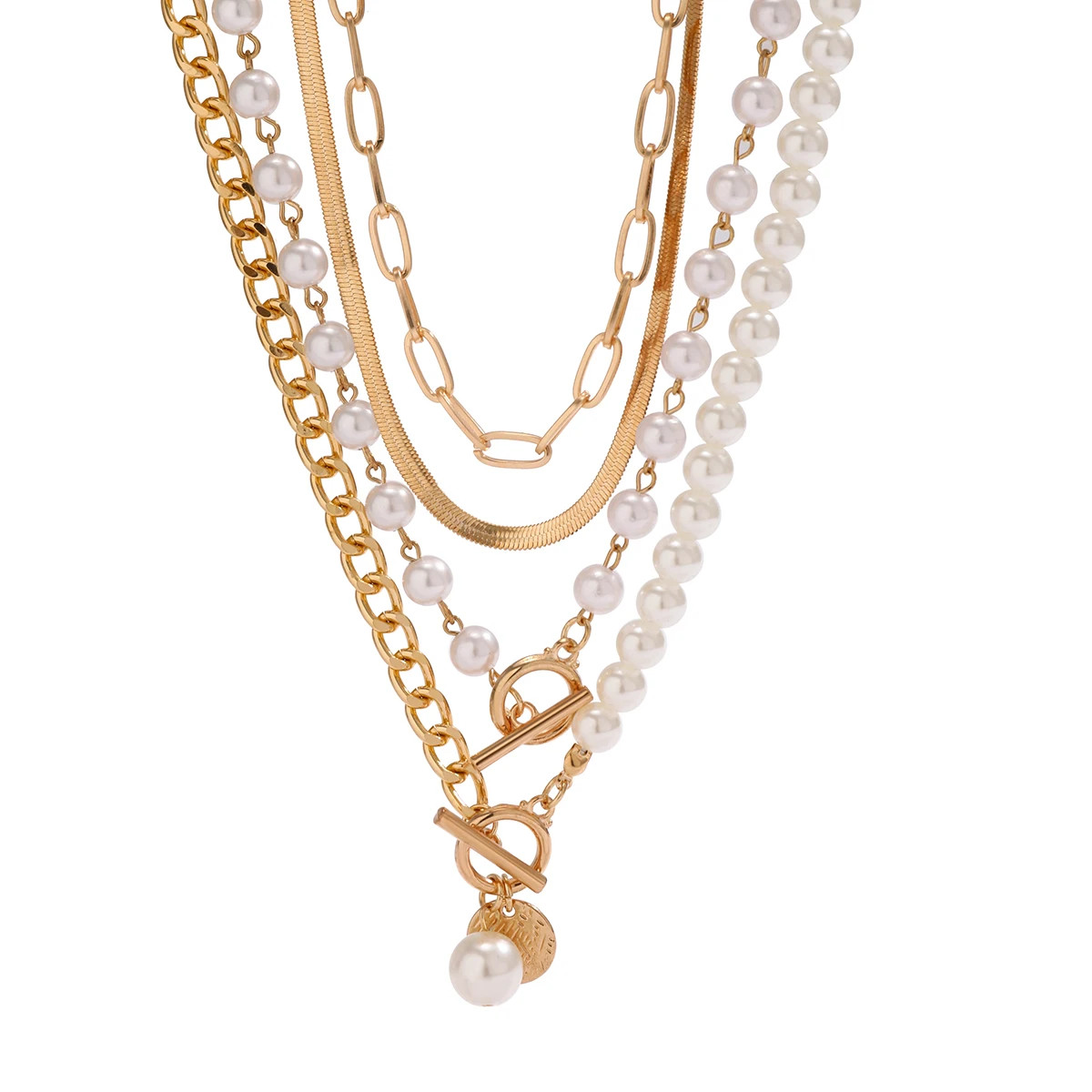 Layered Imitation Pearl and Thick Chains Choker Necklace for Women Tendy Beaded