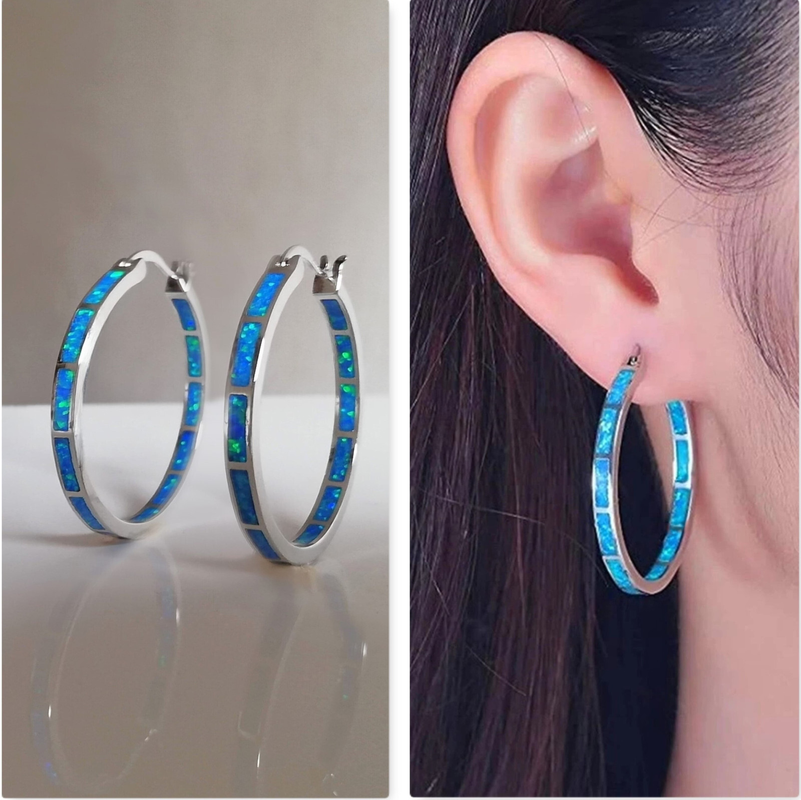 Blue Opal Hoop Earrings Fire Opal Huggies Opal Hoops Silver Stainless Steel Both Sided New
