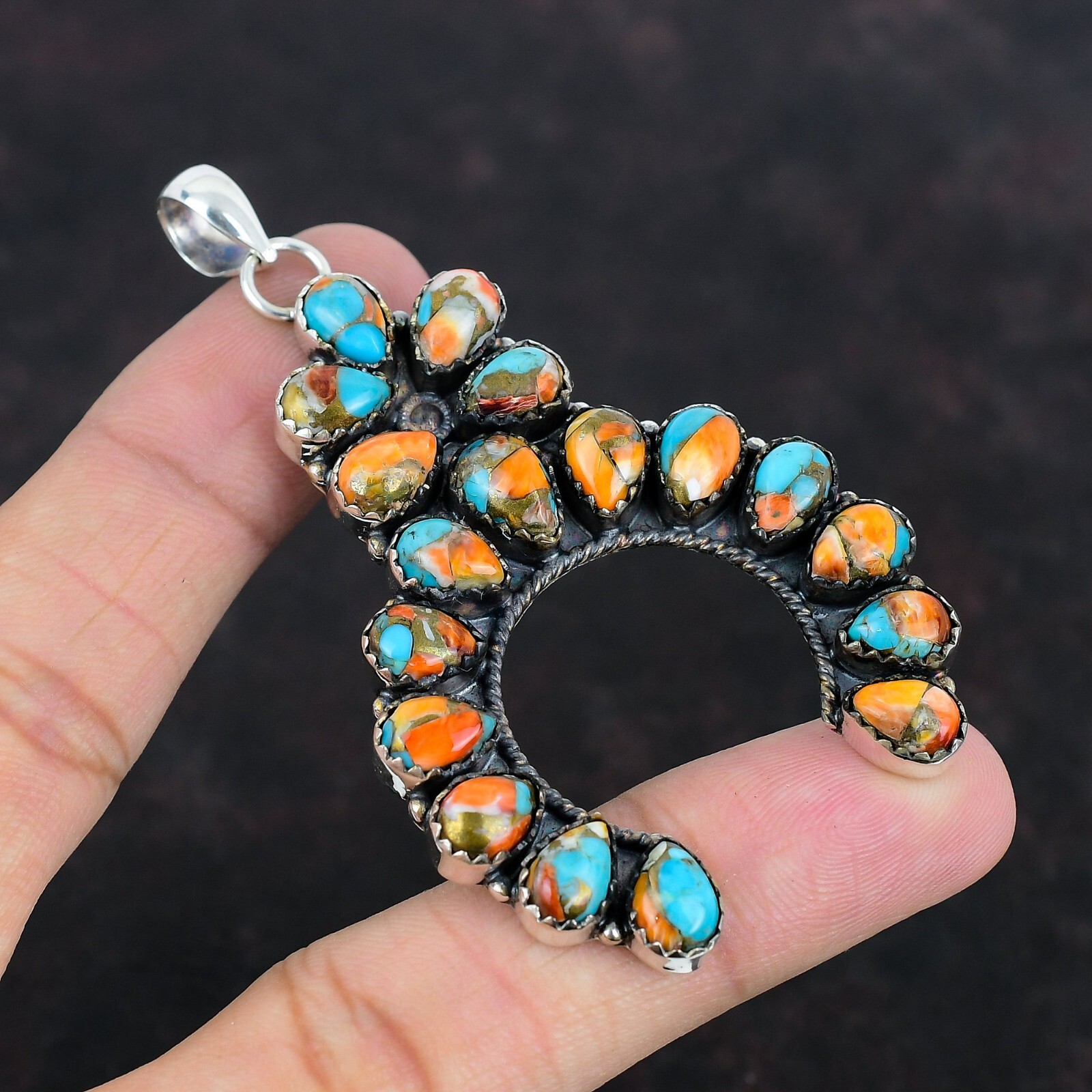 American Native Spiny Oyster Turquoise Sterling Silver Navajo Pendant For Her