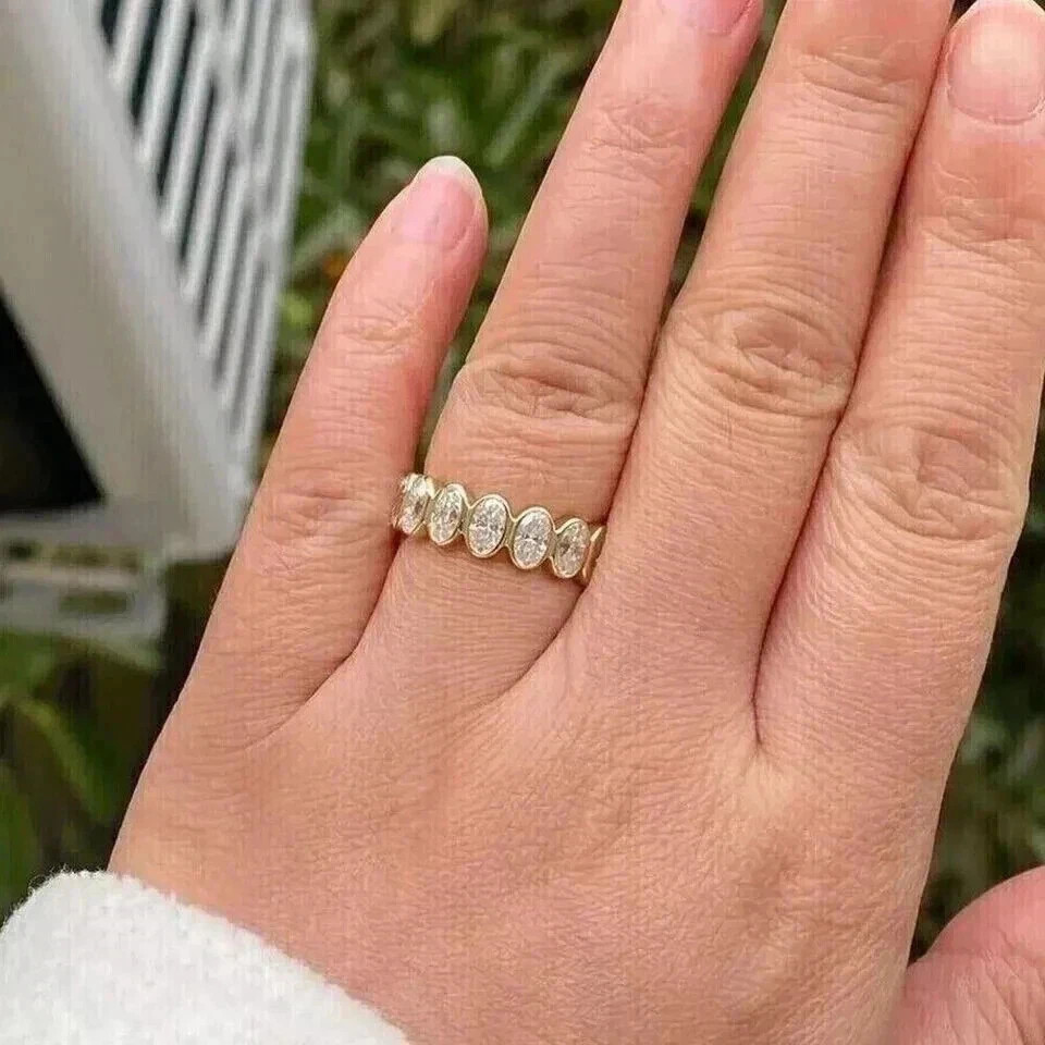 3Ct Oval Cut Natural Diamond Bezel Full Eternity Wedding Band 14K Yellow Gold 7
