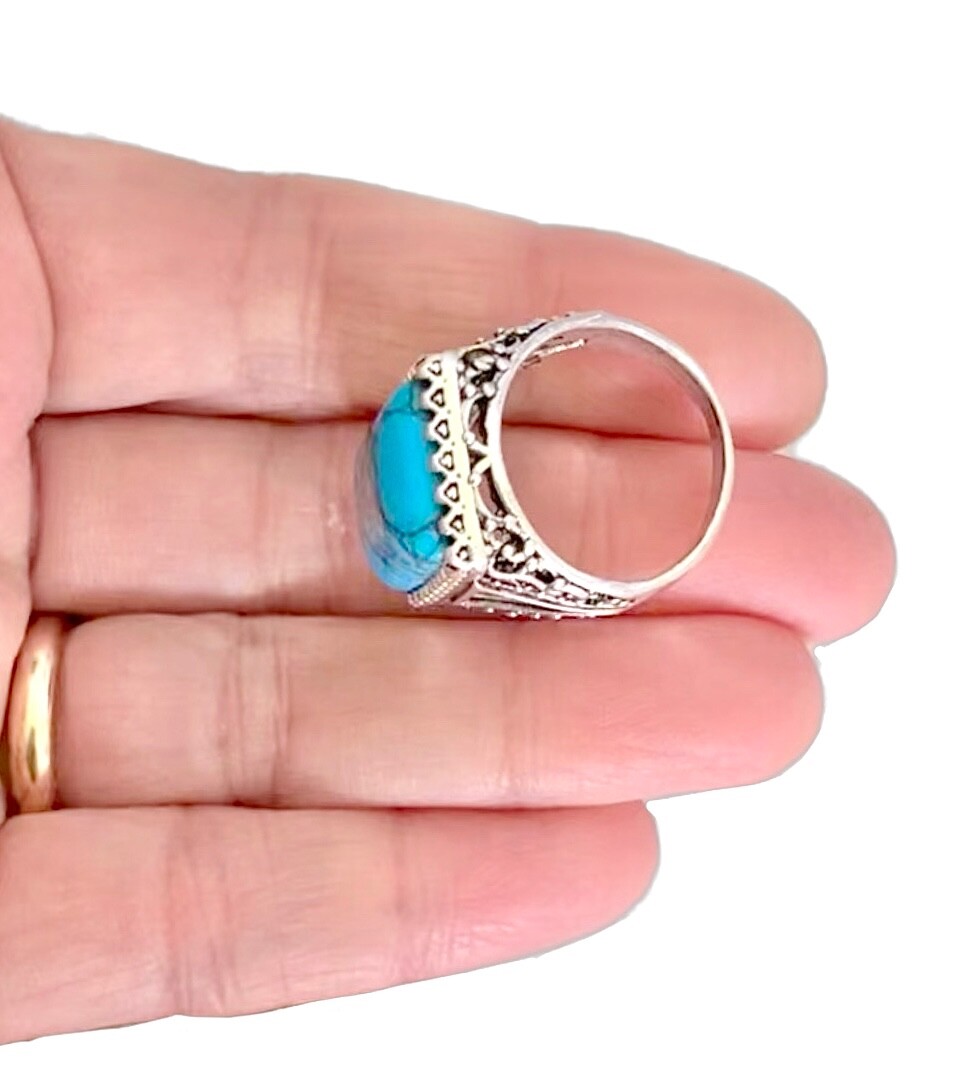 Simulated Turquoise Blue Cabochon Casual Everyday Ring Size 7.25