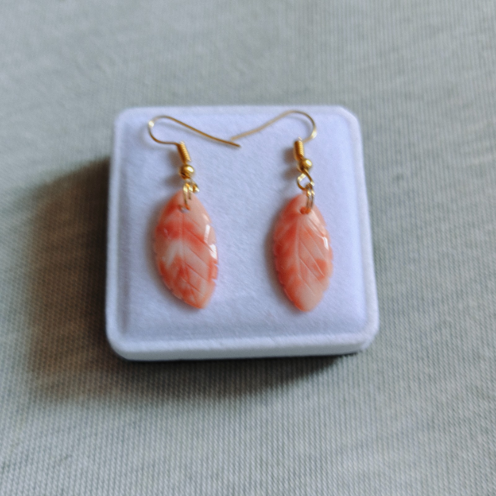 Natural Japanese Pink Coral Leaf Carving Brass Earrings Handmade Jewelry