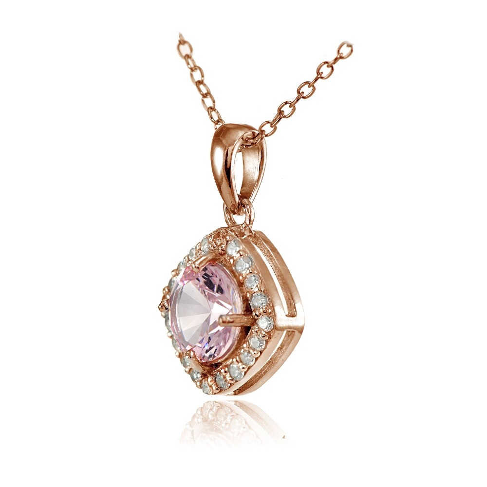 Rose Gold Tone over Silver Simulated Pink Tourmaline Round & CZ Accents Necklace