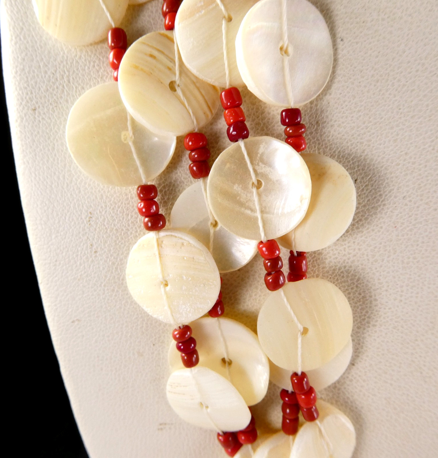 Vintage MOP Shell Disc Button Necklace Multi Strand w/ Coral Seed Beads LOVELY!