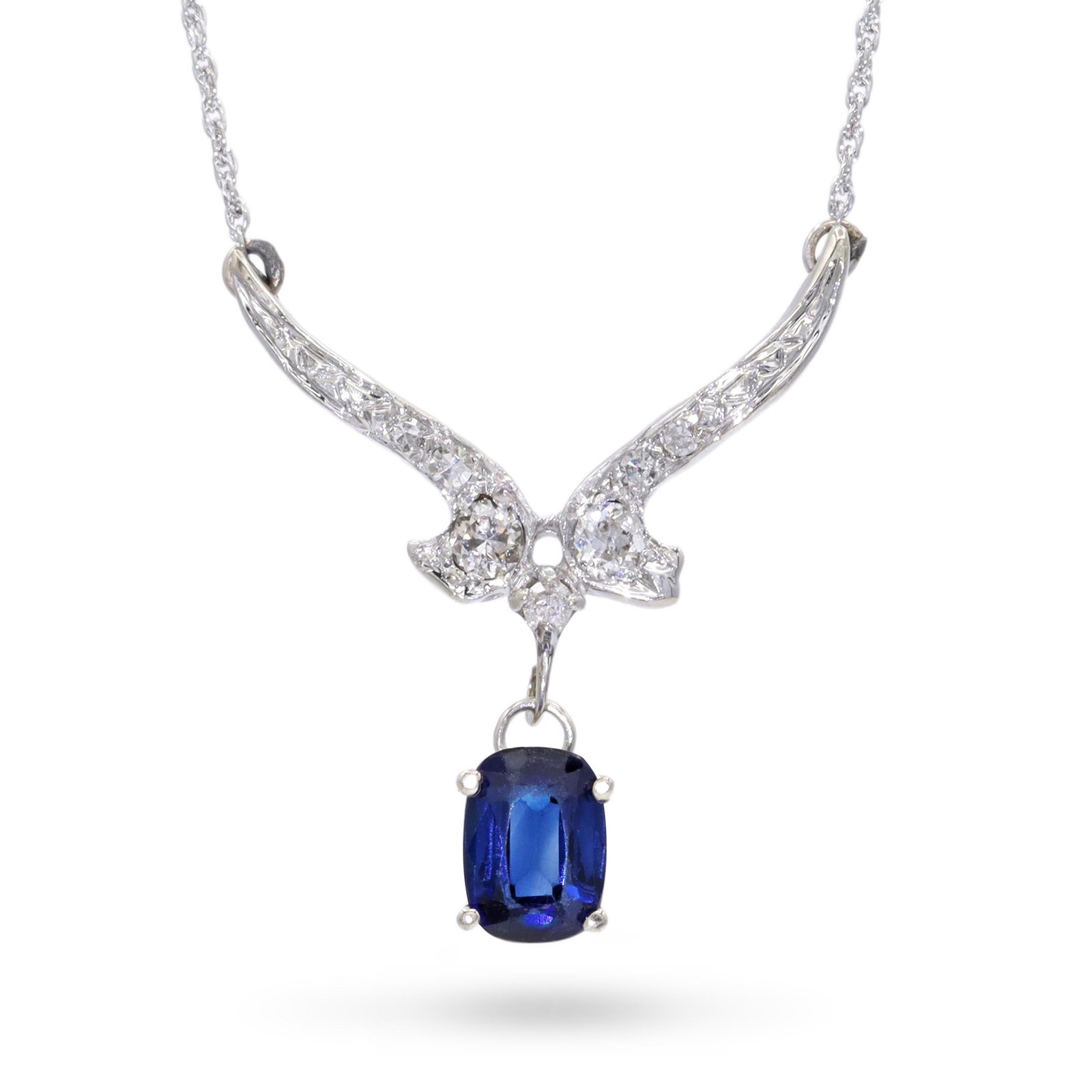 Vintage White Gold 1.11ct Sapphire and Diamond Wing Necklace