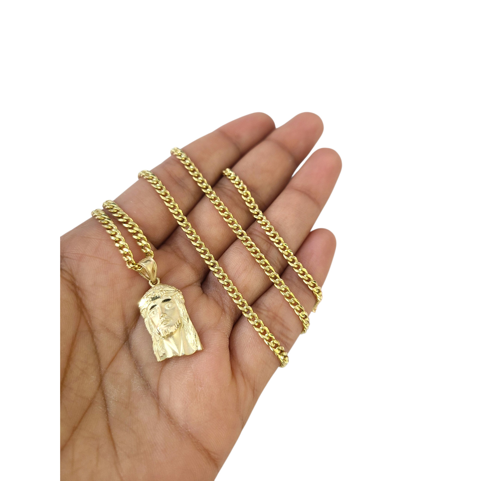 Real 14K Gold Miami Cuban Link Chain Jesus Head Charm Pendant Set 3mm 18″–28″