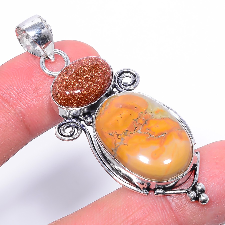 Natural Polka Dot Agate & Golden Sunstone 925 Silver Plated Pendant 2.34″ S262