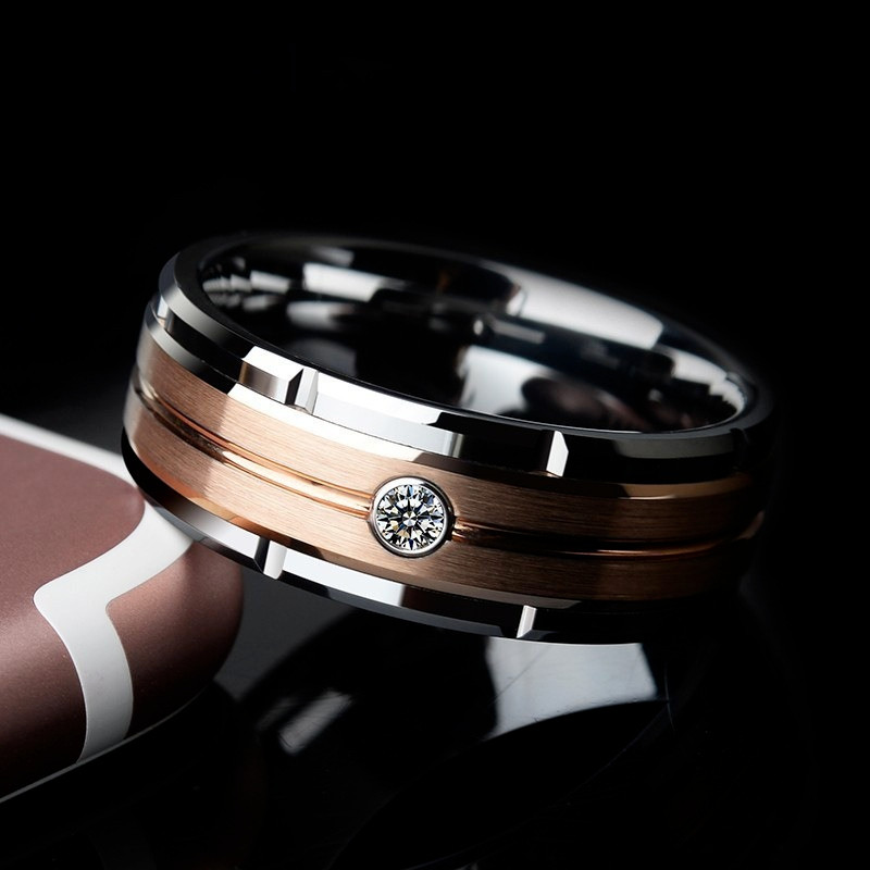 Rose Gold Tone Ring Zircon Stones Hollow Carved Band Engagement Women Jewelry