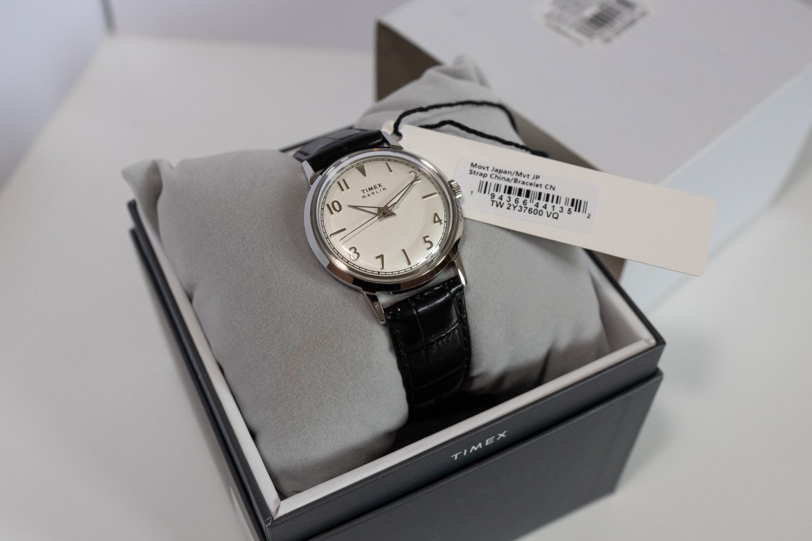Timex Marlin Quartz 34mm Black Leather Strap Silver Dial Watch TW2Y37600VQ
