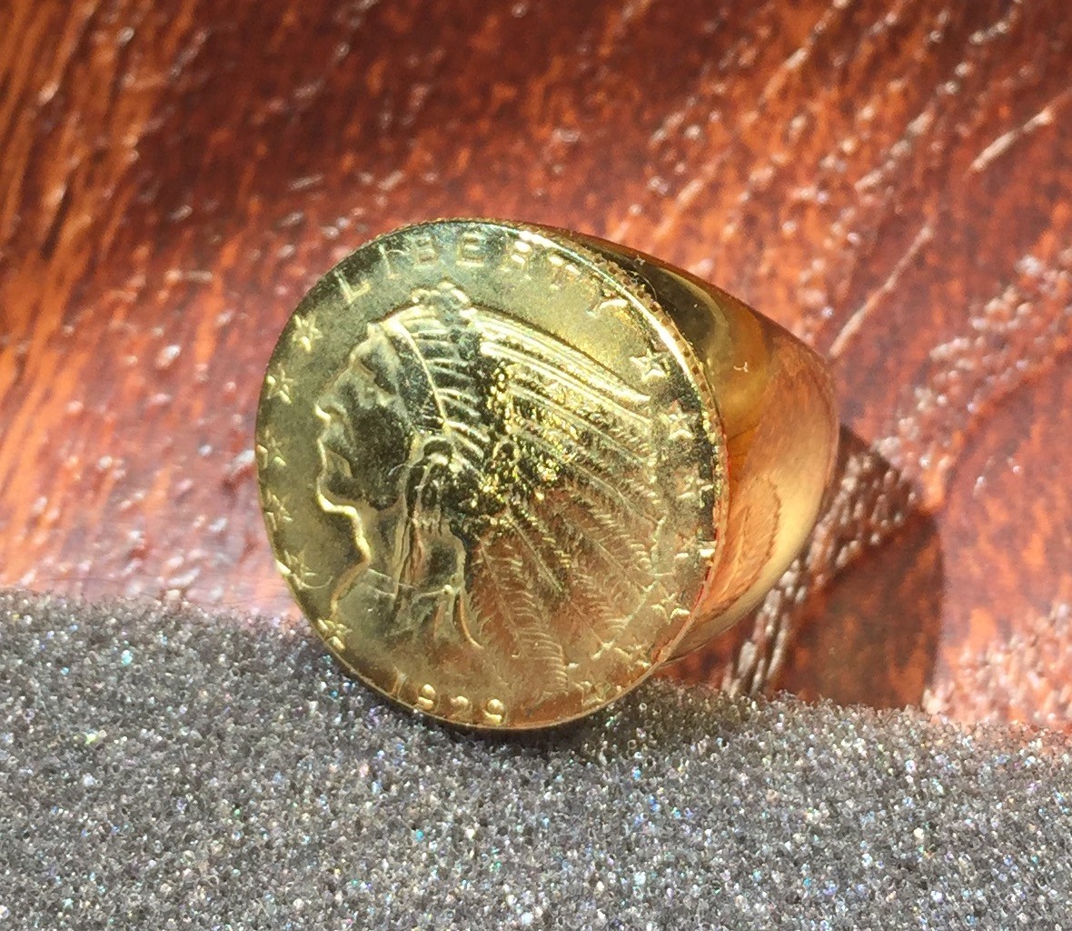 1929 Heavy Gold Plated Indian Head Feather Headdress Half Eagle Coin Ring Sz 10