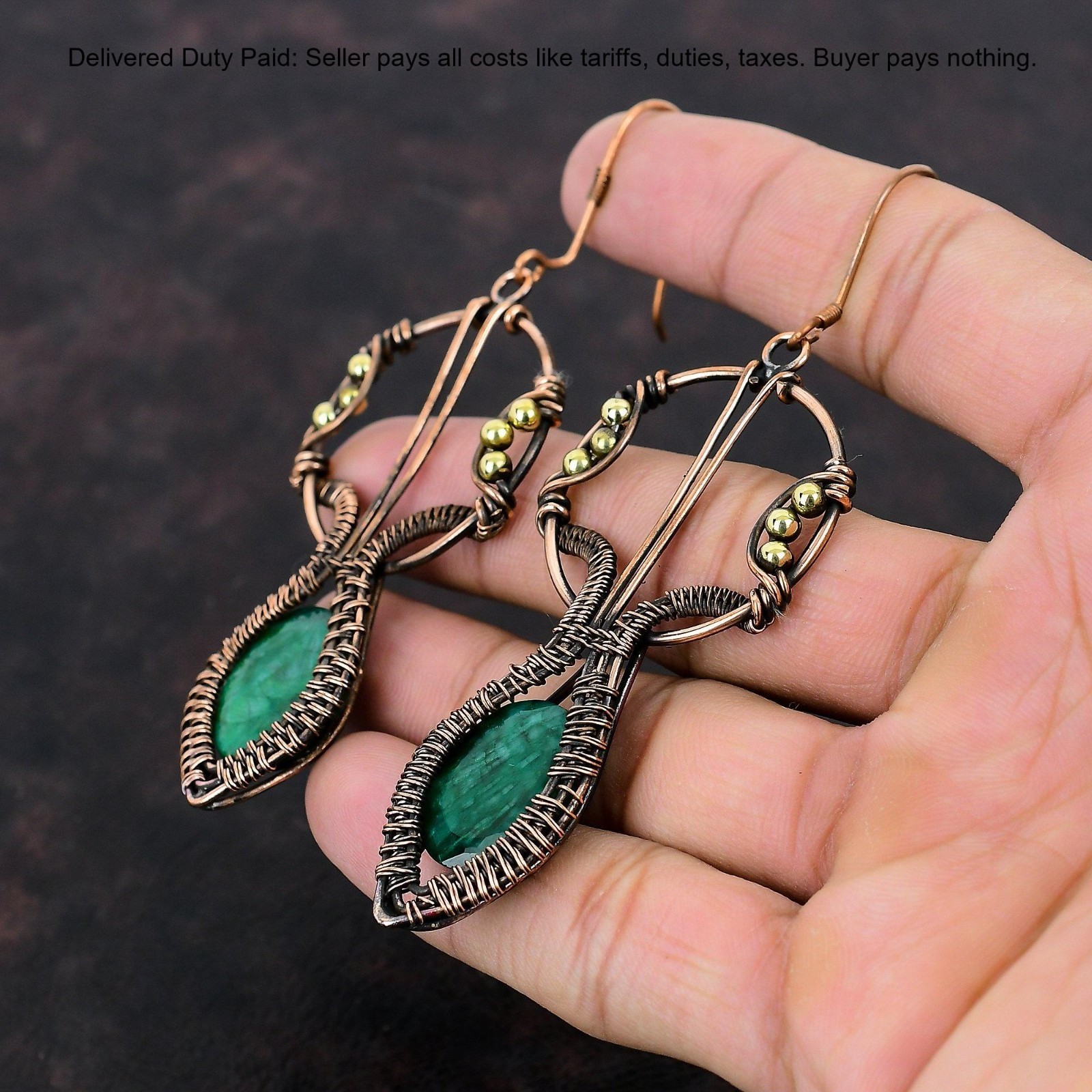 Copper Zambian Emrald Emrald Stone Wire Wrapped Mother Dangle Earrings Jewelry