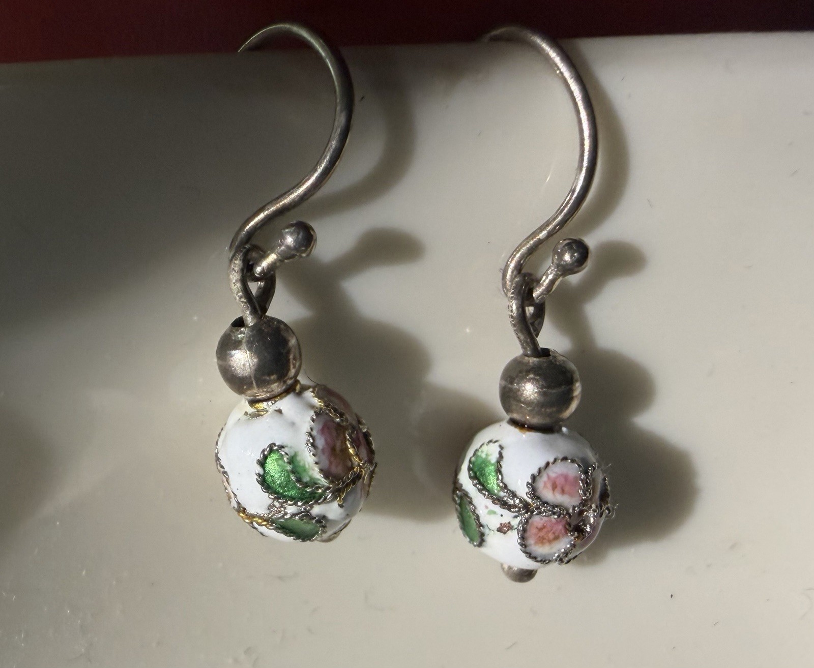 Dainty Vintage Cloisonné Bead Earrings Dangle, Pierced Ears, Classic Jewelry