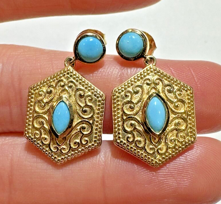 Dainty Sterling Silver Gold Plated Turquoise Marquise Cab Dangle Earrings 11i 5.