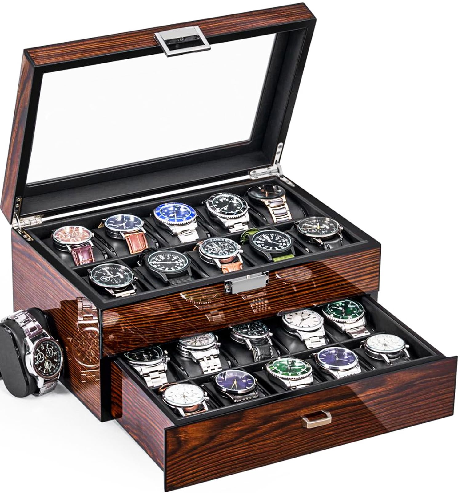 BEWISHOME High-End Watch Box, 20-Slot Case with Large Medium, Brown