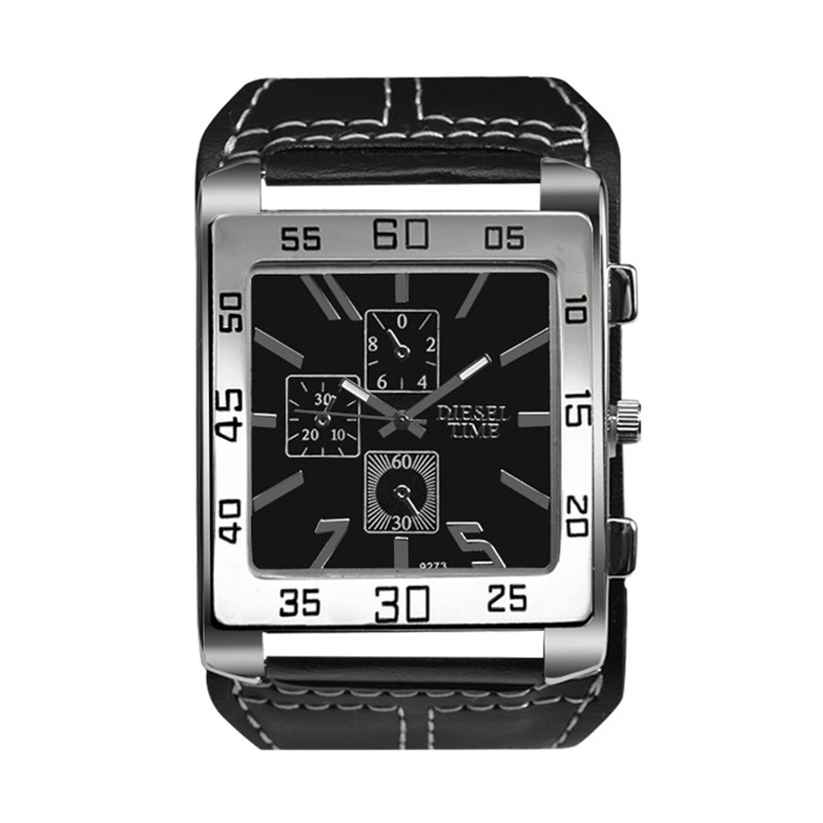 Mens Punk Wide Leather Cuff Band Big Square Dial Analog Quartz Biker Wrist Watch