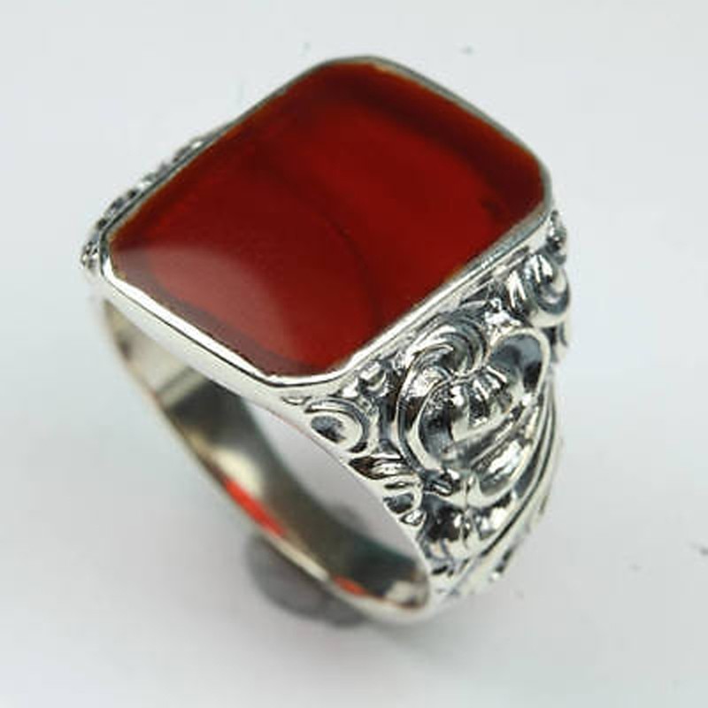 Solid 925 Sterling Silver Natural Flat Red Carnelian Gemstone Men’s Unisex Ring