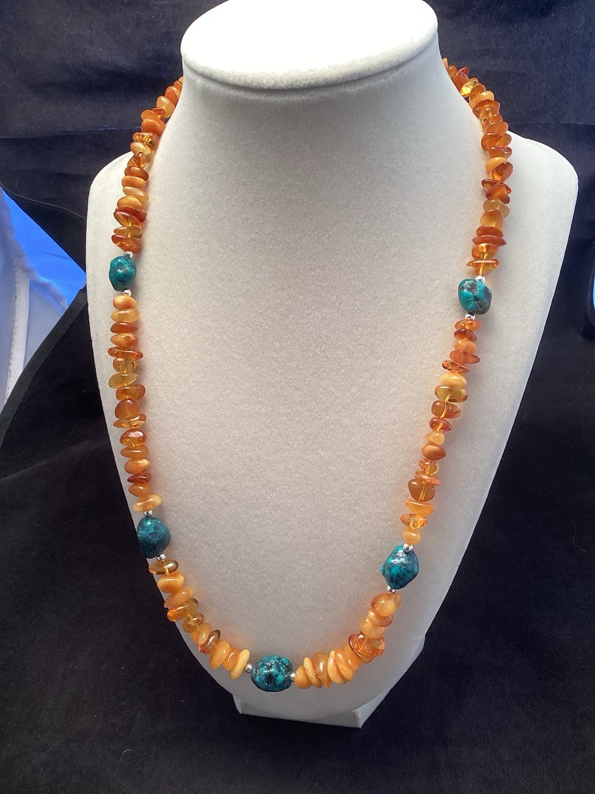 Sterling Silver Amber And Turquoise Pebble Chip Necklace 21.5-22”