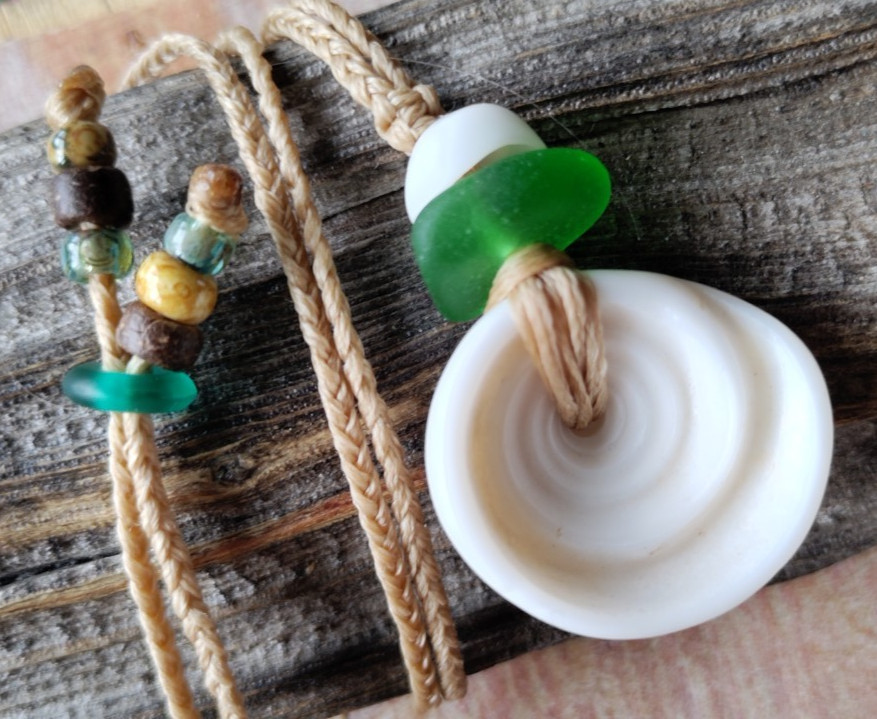 Hawaii Sea Glass & Big Puka Shell Beach Necklace Braided Cord Men Women Teen