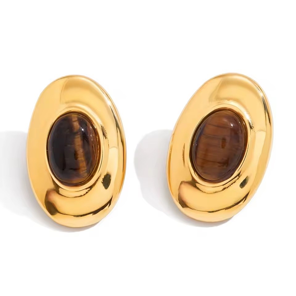 ZARD Tiger Eye Crystal Chunky Stud Earrings in 18k Gold