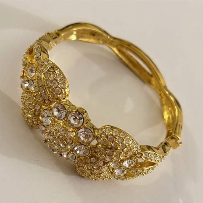 Joan Boyce Gold Tone Pavé Crystal Bangle Bracelet, Round White Gold Stones