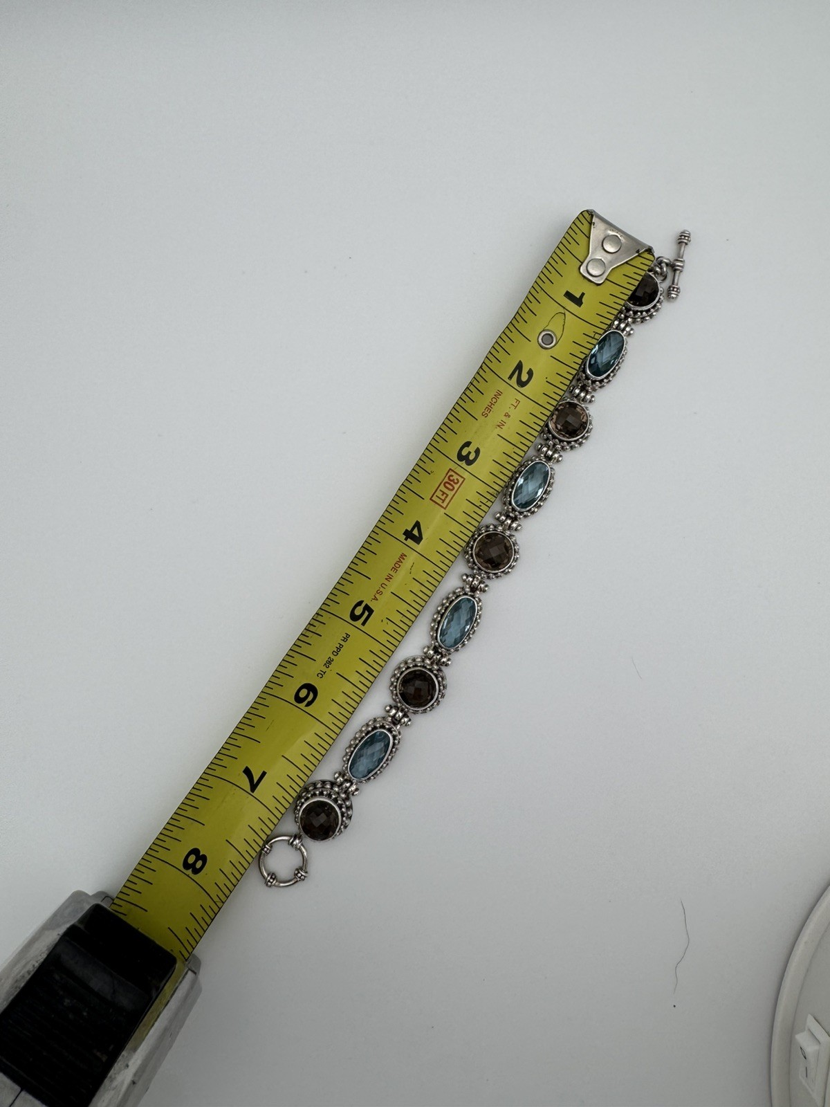 Suarti Bali 925 Sterling Silver Blue Topaz Smoky Quartz Toggle Bracelet 7”