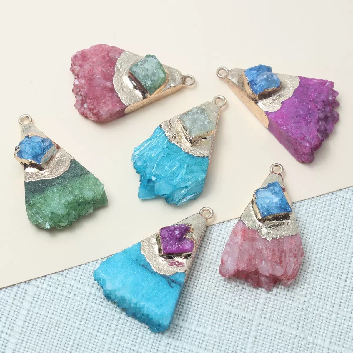 Colorful Natural Stone Triangle Pendant Charm Irregular Slice No Chain