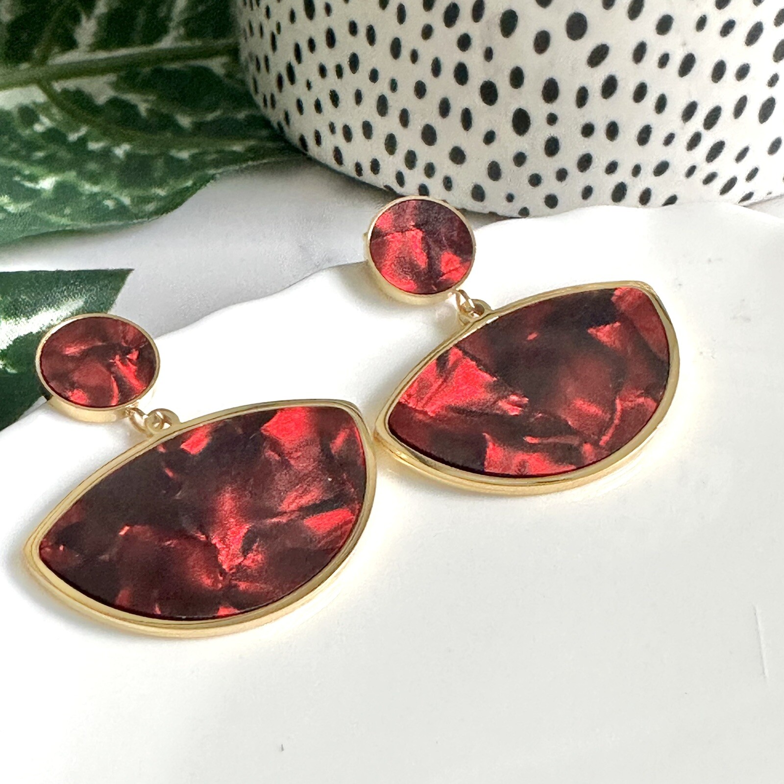 Red Tortoiseshell Acrylic Earrings Arch Dangle Faux Stone Boho Jewelry Gift NEW