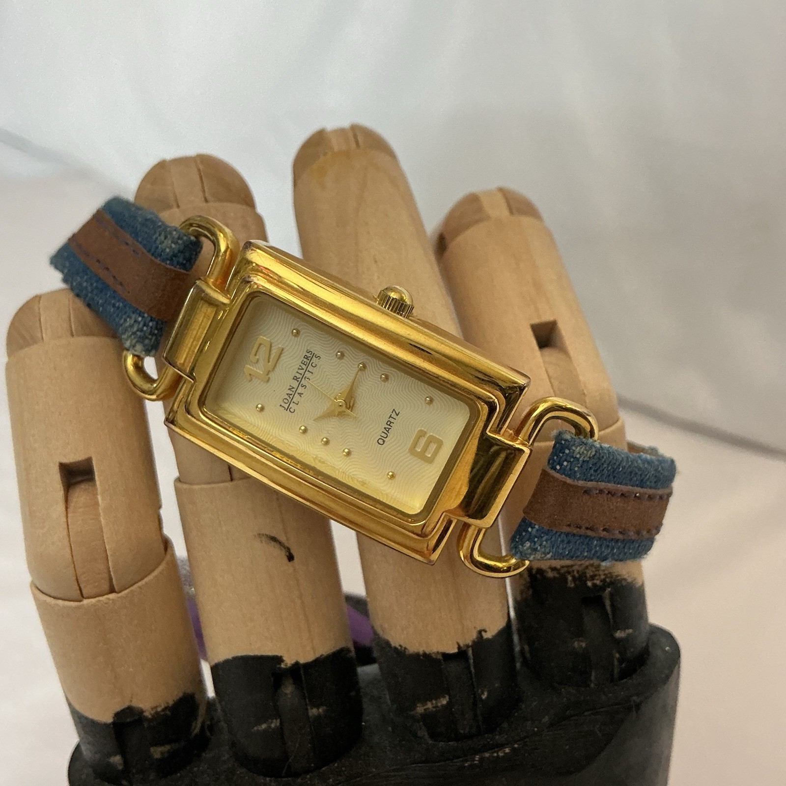 Joan Rivers Classics Watch V377 Denim W/Leather Strap Gold Plate Japanese Mvmt
