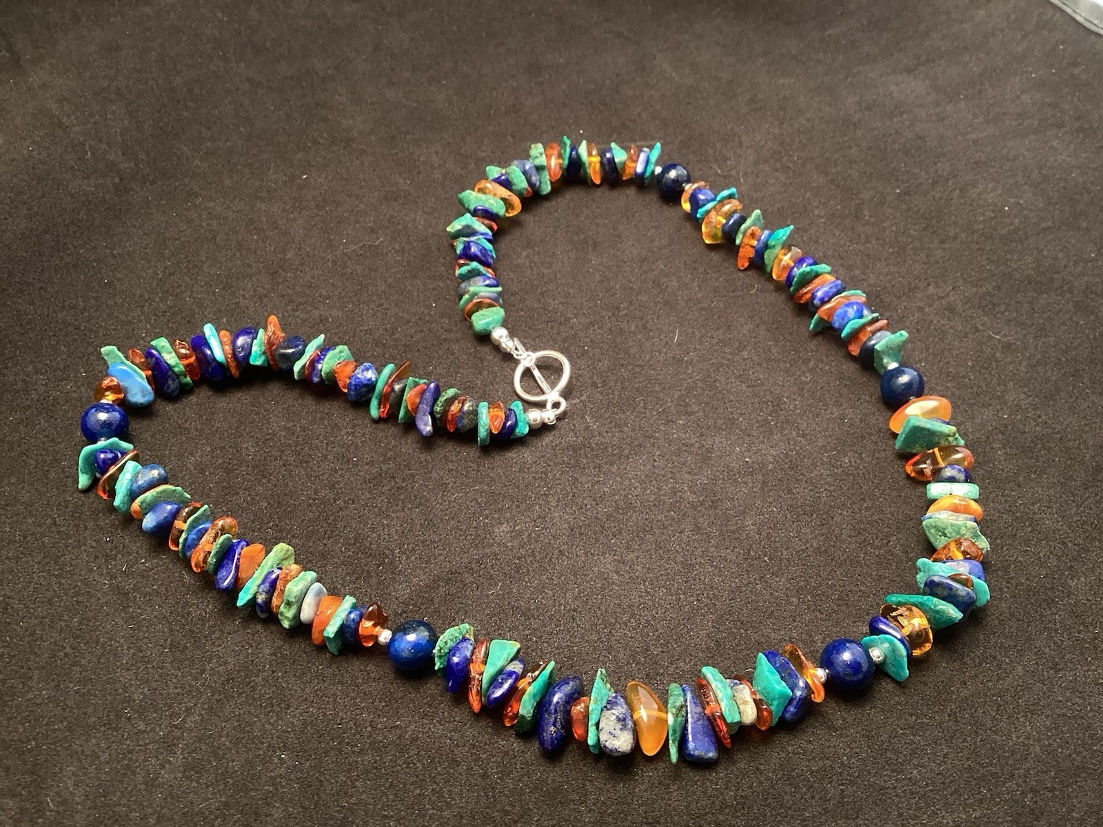 Sterling Silver Turquoise Round Lapis And Amber Chip Beaded Necklace 20.5”