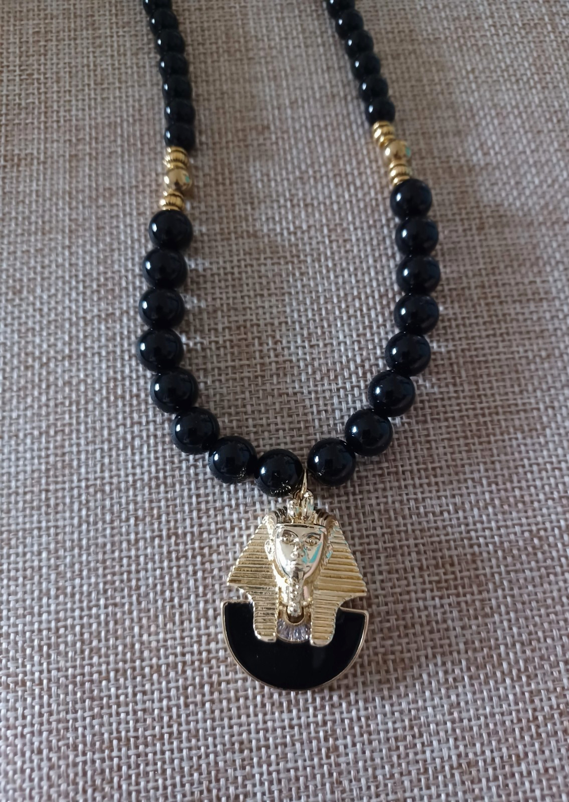 Sphinx beaded Necklace, Egypt Pharoah Pendant Black Agate ~ New Handmade in USA