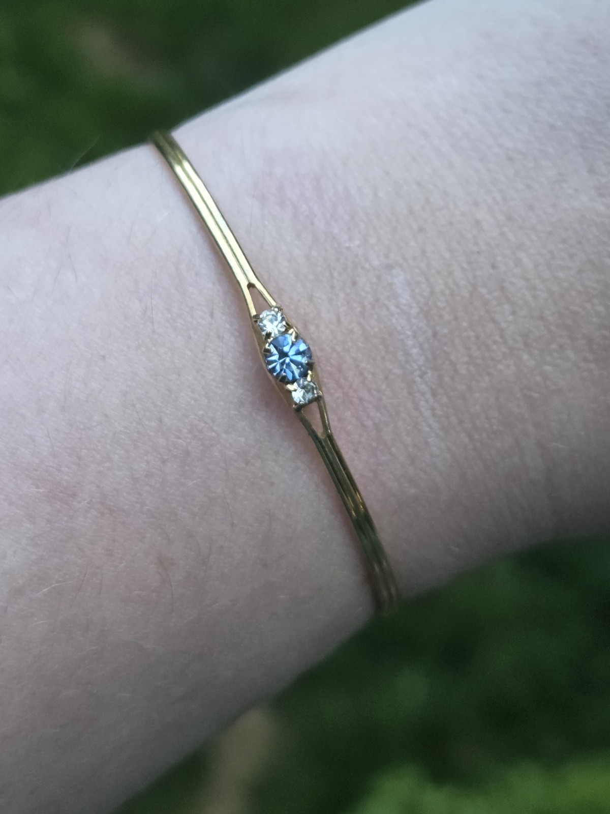 Vintage Tiny Child’s Bracelet Cuff Gold Tone Aquamarine Glass Birthstone Small