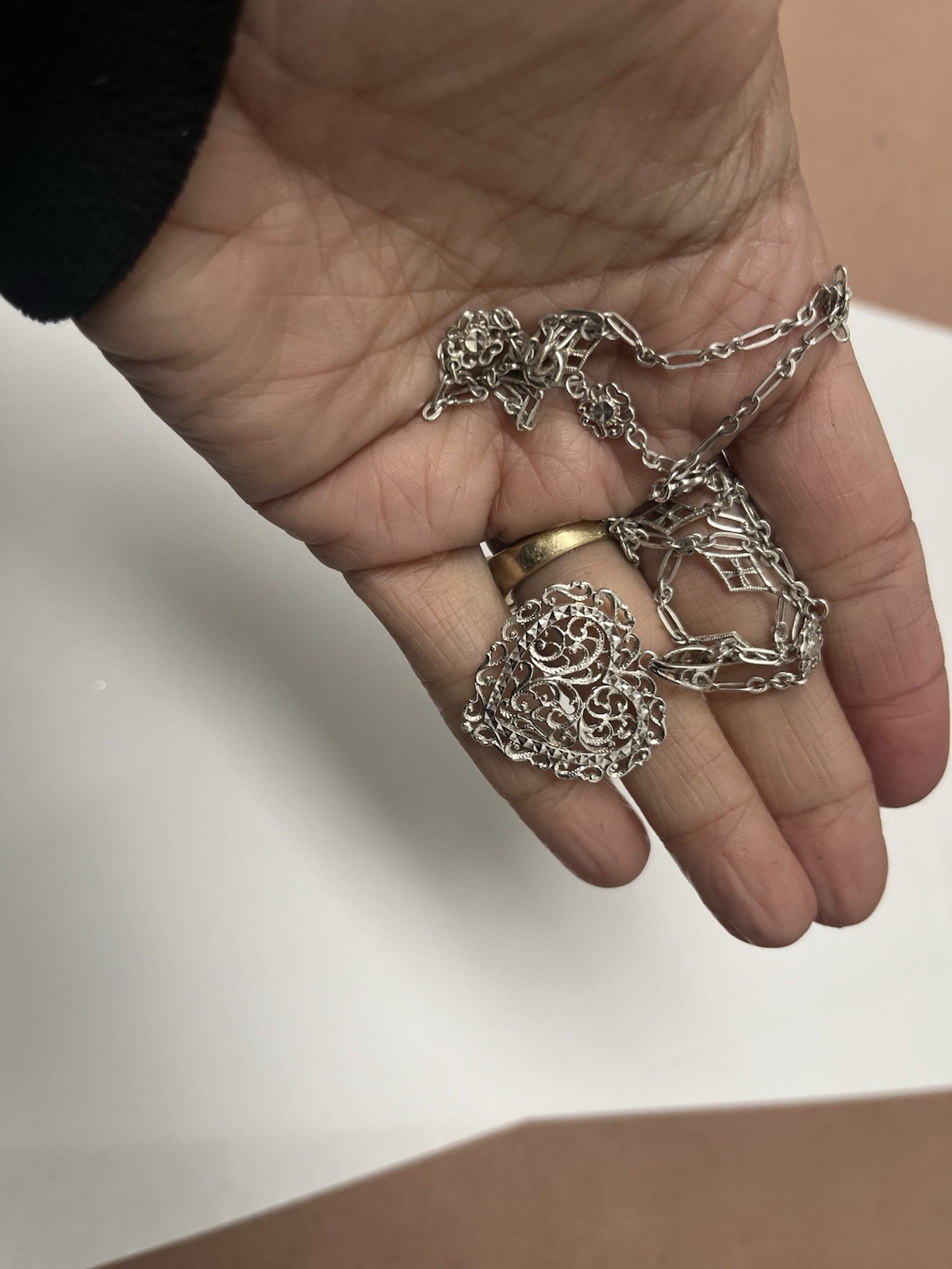 Vintage Signed BOLIVIA FILIGREE Heart PENDANT on GORGEOUS STERLING SILVER CHAIN
