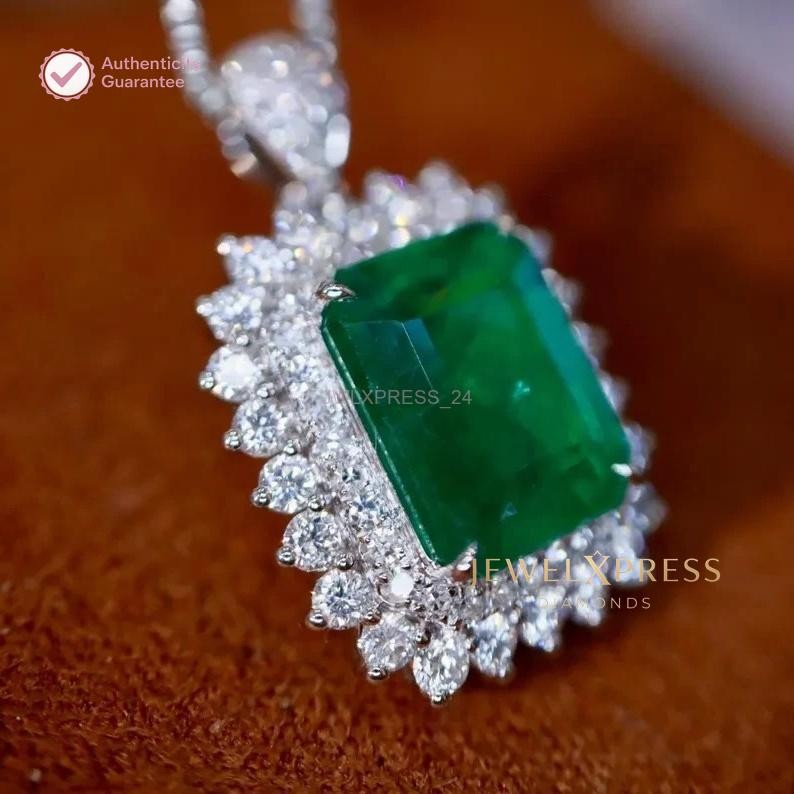 Handmade! 2.00CT Emerald Cut Natural Emerald & Diamond Halo Pendant 14k Gold