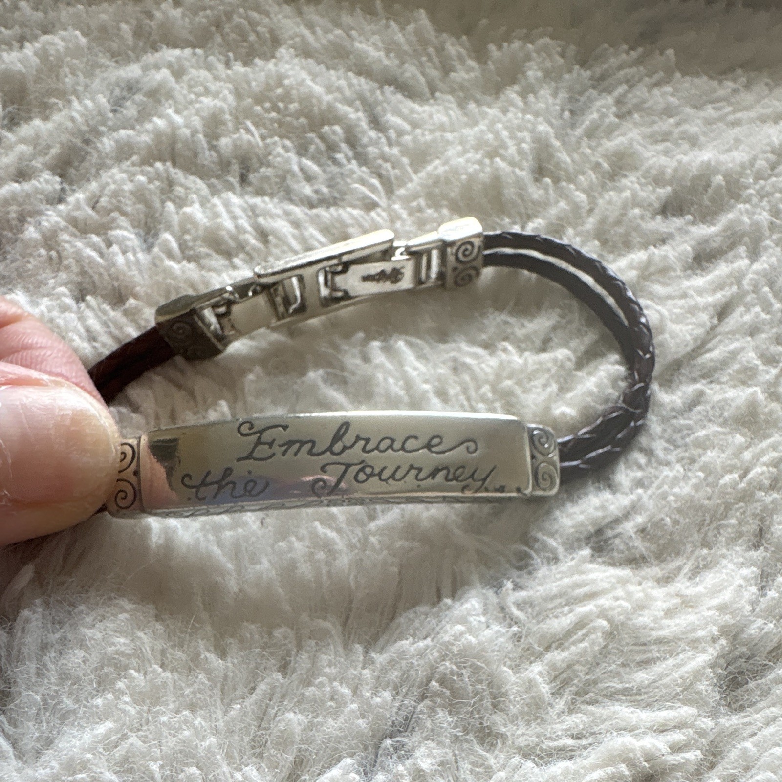 Brighton Engraved Braided Leather Bolo Bar Bracelet, Adjustable, Silver Tone